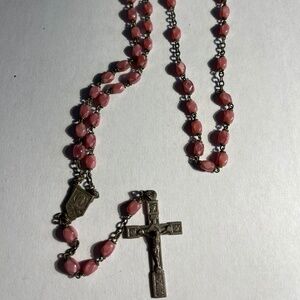 Vintage Rose Colored Glass Beaded Rosary- Italy- Roma